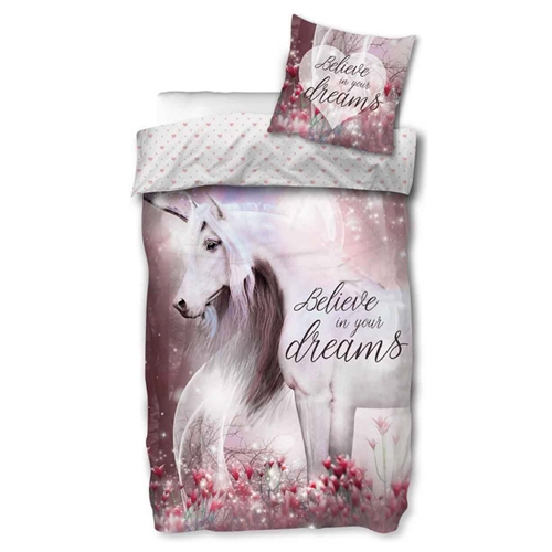 Image of Enhjørning sengetøj - 140x200 cm - Believe in your dreams - Vendbart design med unicorn dynebetræk  - 100% bomulds sengesæt